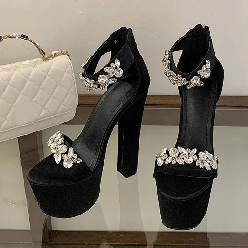 Runway Style Black High Heels Chunky Platform Sandal Women Crystal Diamond Ankle Strap Zip Banquet Party Prom Shoe
