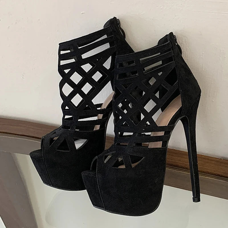 Rome Style Hollow Out Narrow Band Peep Toe Platform High Heels Sexy Party Culb Stripper Shoes Pumps