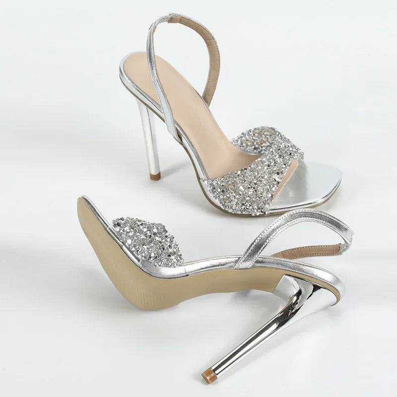 Sexy Slip On Back Strap Sandal Female Silver Sequined PVC Transparent Shoes Women Wedding Party High Heels Sandalias Mujer