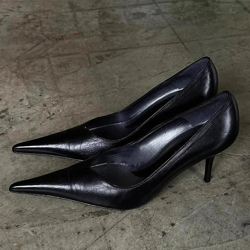 Black Soft Leather Pointed-Toe Pumps