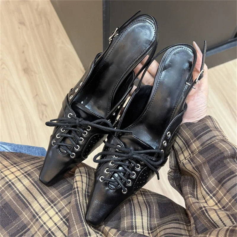 Designer Pointed Toe Thin Low Heels Buckle Strap Women Pumps