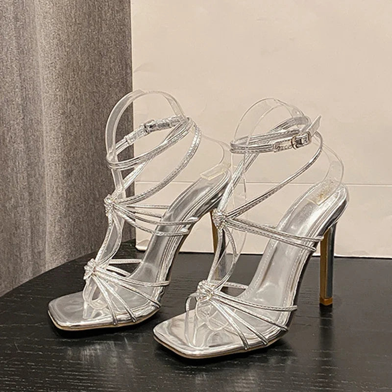 Rhinestone Buckle Narrow Band Sandals