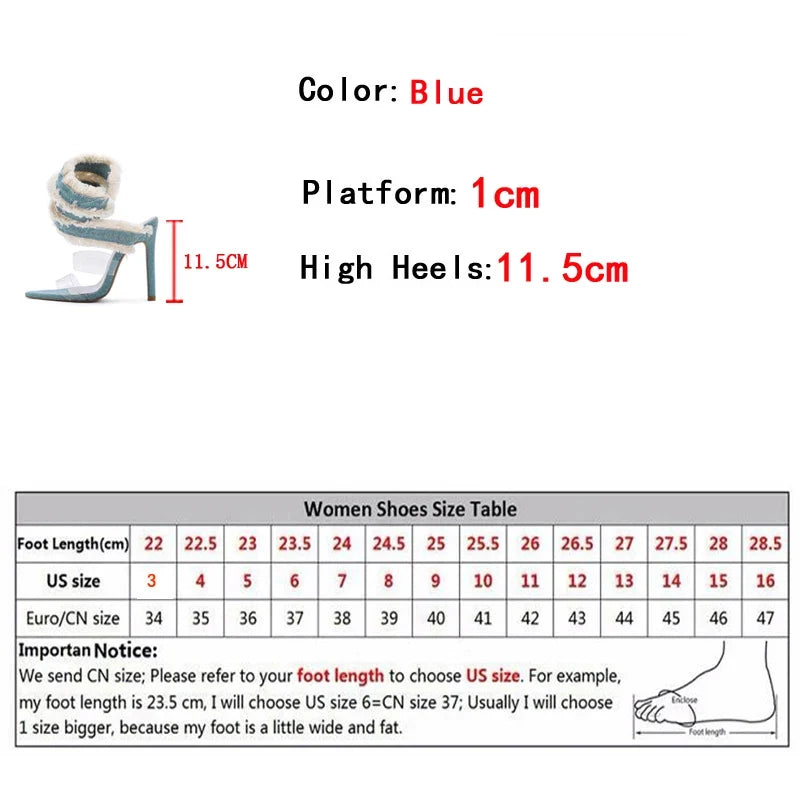 Design Denim Ankle Snake Surround Strap Sandal Women Transparent PVC Summer High Heels Party Stripper Shoes Pumps