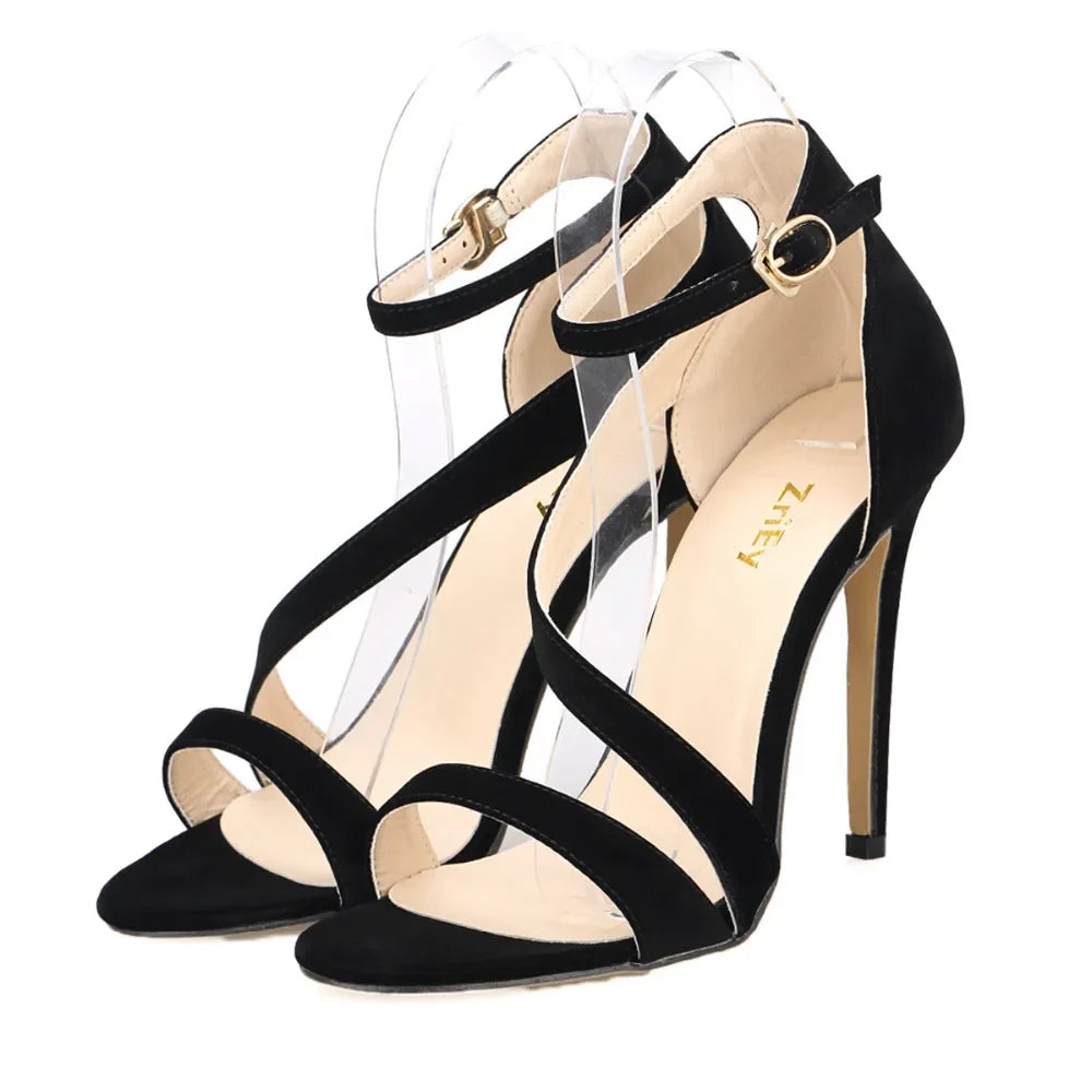 Open Toe Ankle Straps High Heels Stilettos Suede Wedding Shoes 11CM