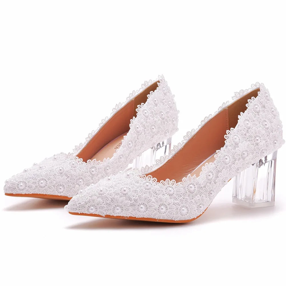 Spring pointed pearl lace flower transparent thick heel