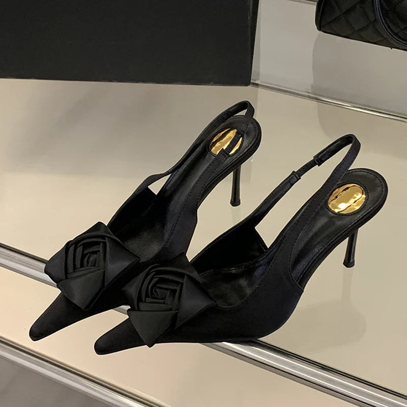 Design Satin Square Flower Pointed Toe Slingback Sandals