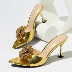 Summer Party Slippers Ladies Crystal Rhinestone Flower Open Toe Low Heels Gold Sandals