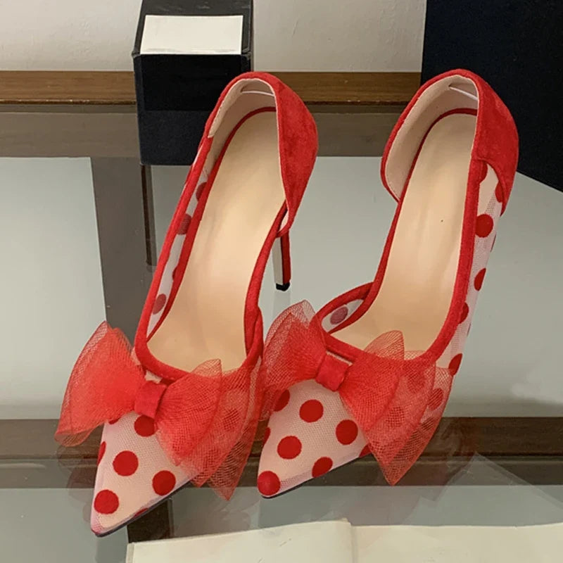 Red Butterfly Knot Pointed Toe Slingback High Heels Wedding Prom Shoes Polka Dot Mesh Pumps
