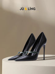 Style High Heels Women's Thin Heels T-shaped Straps Sexy Black Pointed Single Shoes Color blocked Splicing Single Shoes