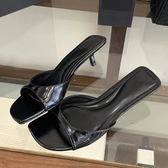 Orange Leather Designer Slides Women Beach Party Shoes Low Thin Heels Slippers Summer Square Toe Gladiator Sandals