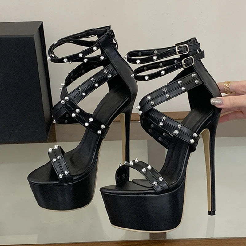 Design Metal Rivet Ankle Zip Cover Strap Women Platform High Heels Sandals