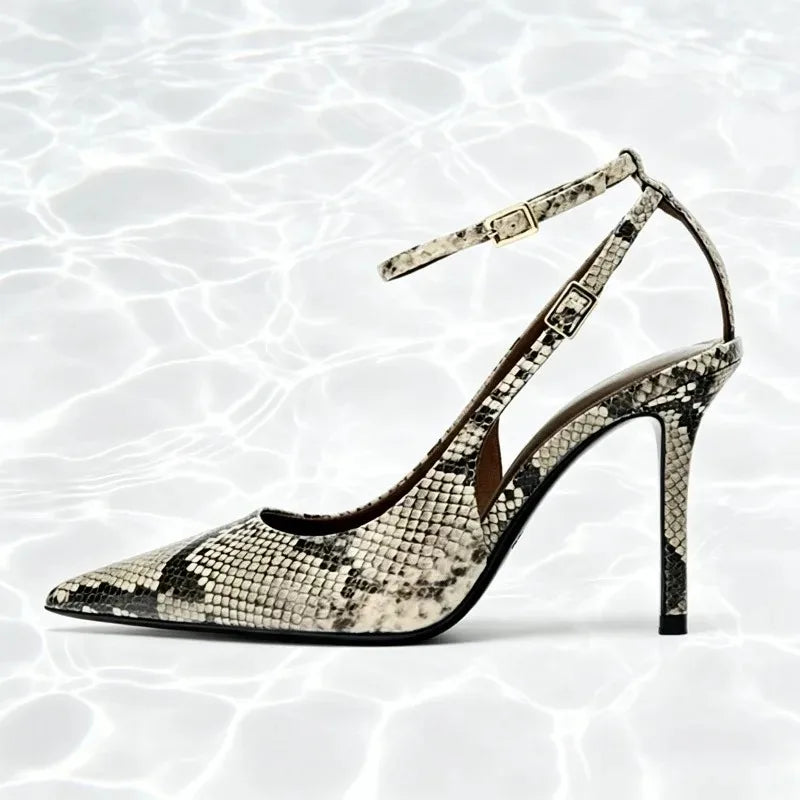 Sexy Snake Print Ankle Strap Buckle Design High Heels