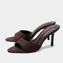Designer Retro Brown Suede Women Slipper Sandal Round Open Toe Thin High Heels Mule Slides Summer Party Dress Shoe