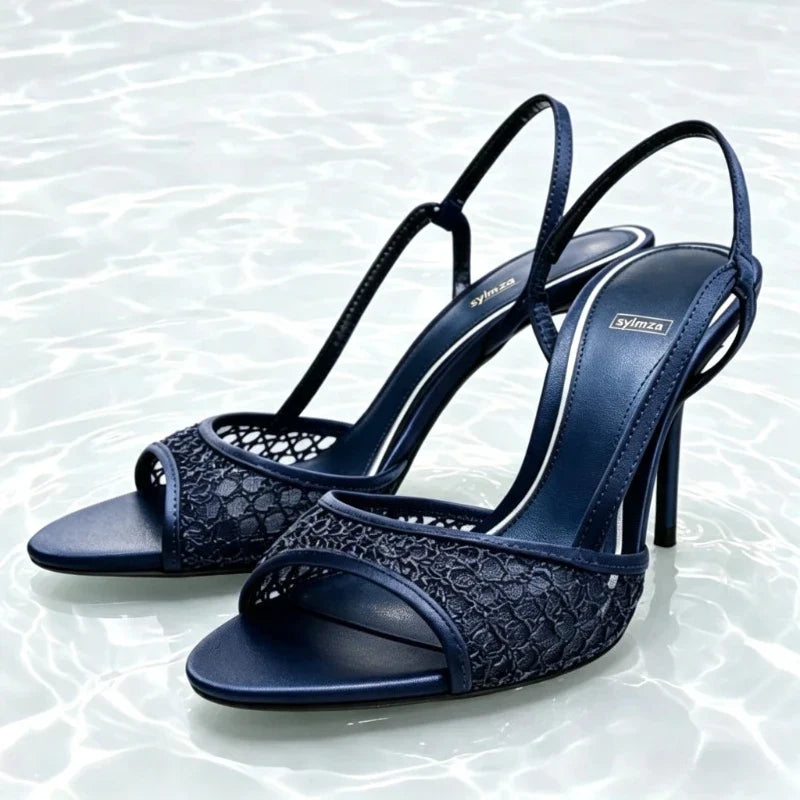 Summer Navy Blue Mesh Satin Heeled Sandals