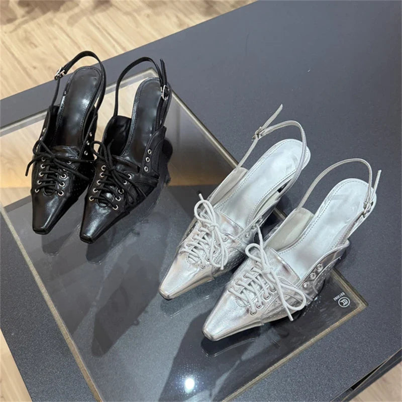 Designer Pointed Toe Thin Low Heels Buckle Strap Women Pumps