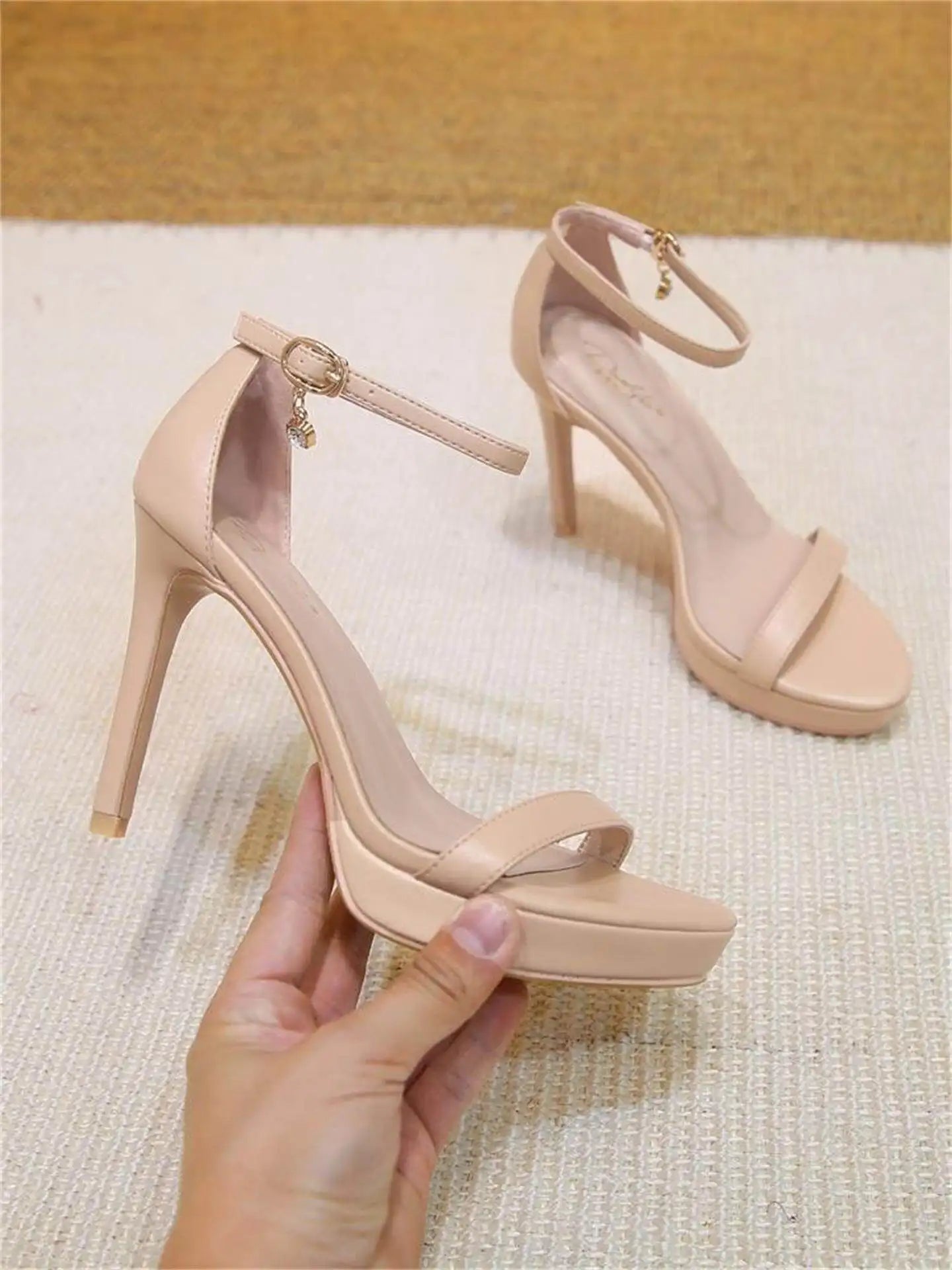 leather nude waterproof platform high-heeled shoes