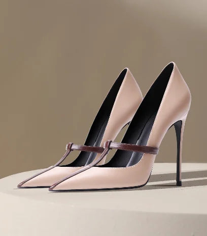 Style High Heels Women's Thin Heels T-shaped Straps Sexy Black Pointed Single Shoes Color blocked Splicing Single Shoes