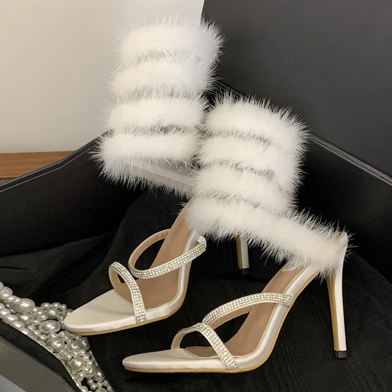 Star Style White Feathery Fur Snake Twine Around Ankle Strap Sandals