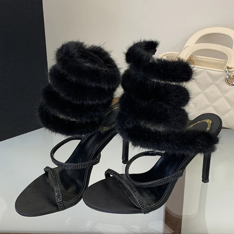 Star Style White Feathery Fur Snake Twine Around Ankle Strap Sandals