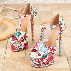 Designer Print Flower Leather Platform High Heels Sandals