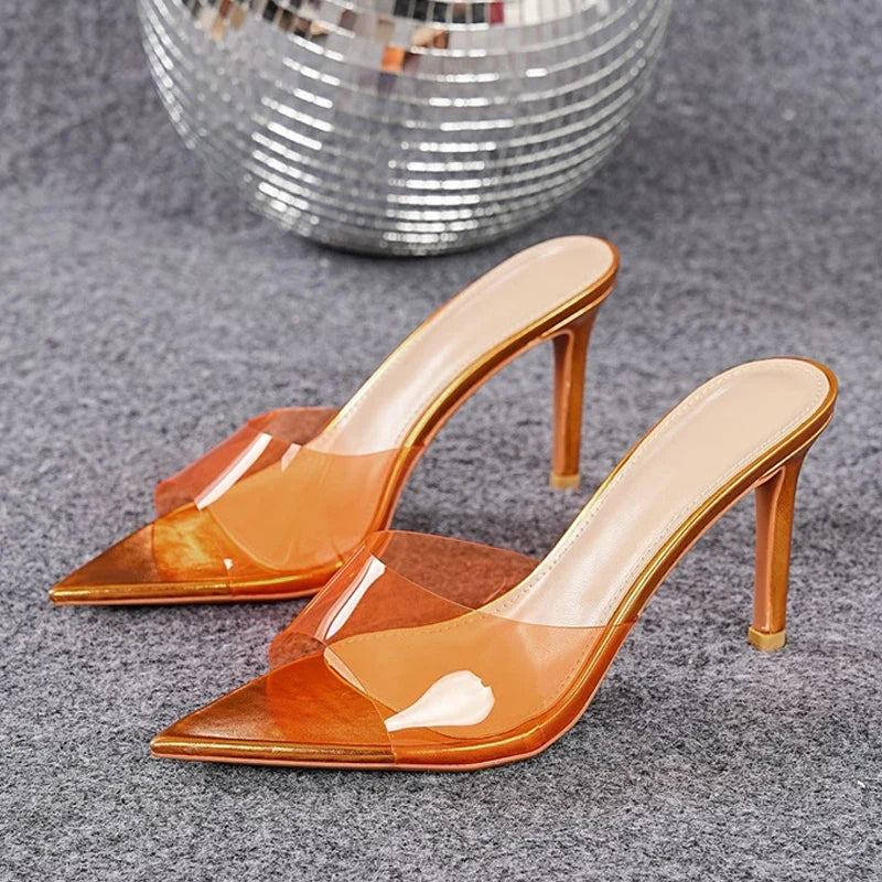 Green PVC Transparent Jelly Shoes For Women Sexy Pointed Open Toe Shallow Slider Slippers Ladies Sandals