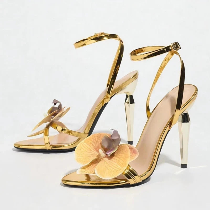 Strange Style Metal High Heels For Ladies Orchid Flowers Narrow Band Open Toe Ankle Strap Sandals