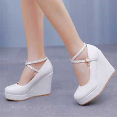 Wedge heel shoes spring white PU round toe cross-band wedding shoes
