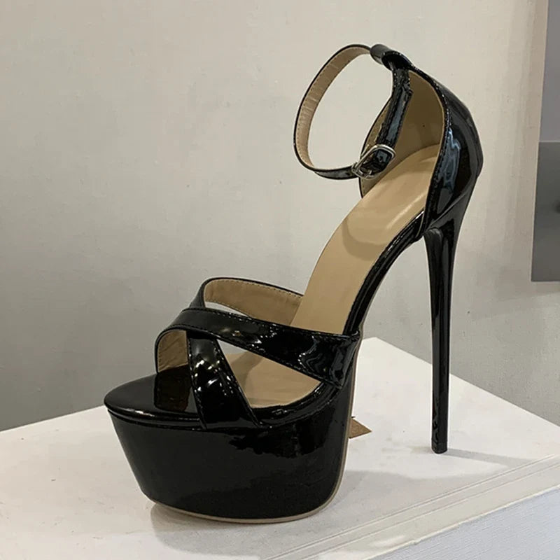 Black Patent Leather Women Sexy Fetish Sandals