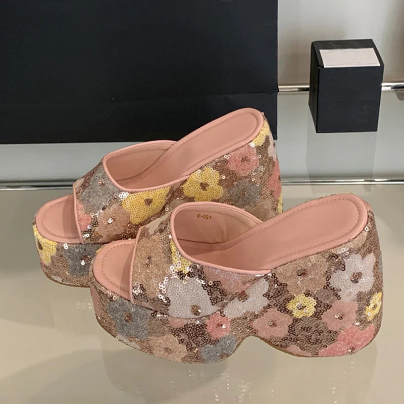 Sexy 13CM Super High Heels Wedges Slippers For Woman Pink Sequined Thick Bottom Open Toe Party Dress Shoes Platform Sandal