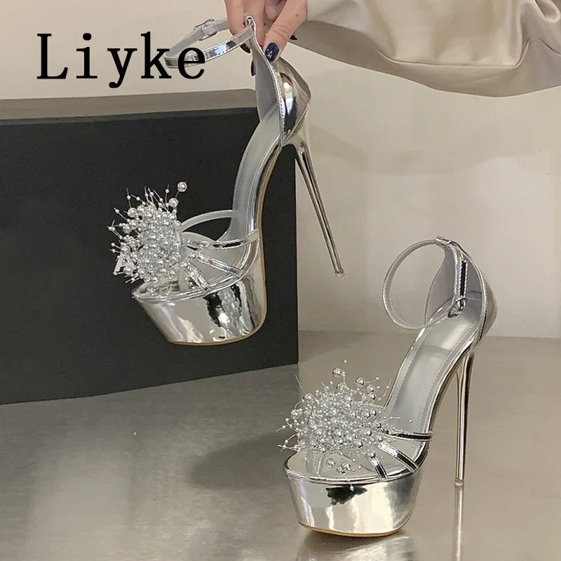 Summer Pyrotechnic Diamond Open Toe Ankle Cover Strap Platform Sandals