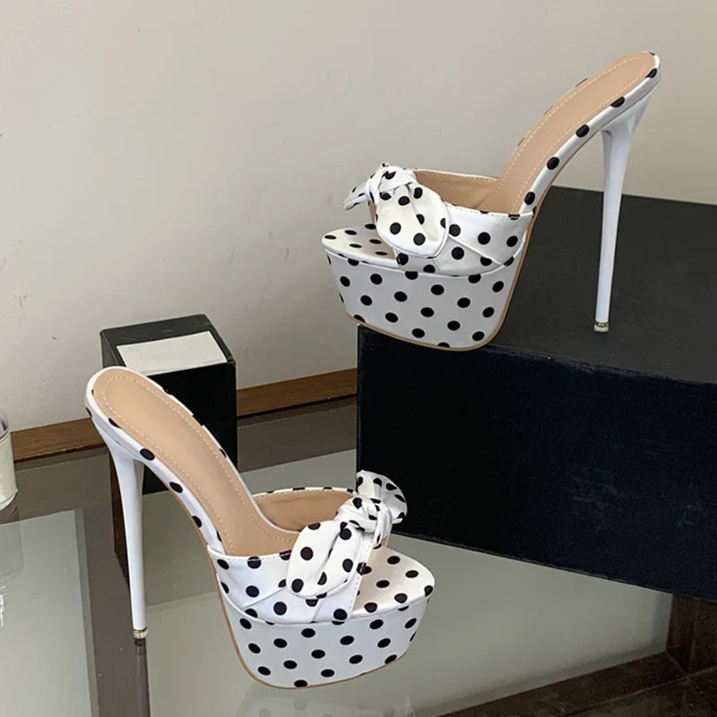 Cute Style Polka Dot Silk Bowknot Peep Toe 16CM Super High Heels Slippers