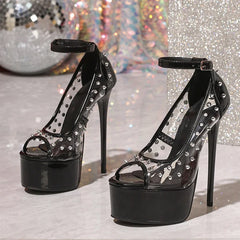 Sexy Peep Toe 16CM Extreme High Heels Stripper Pole Dance Shoes Rivet PVC Transparent Sandals