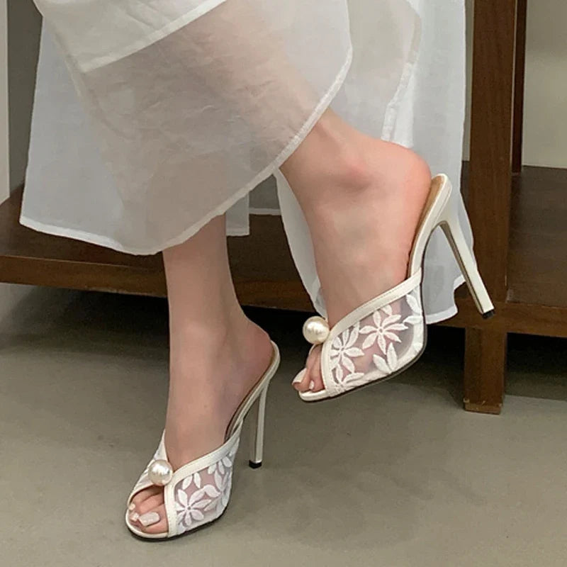 Handmade Embroidery Flower Mesh Women's Thin Heeled Slippers White Pearl Designer Slides Sandals