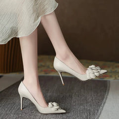 Cream White Camellia High Heels Pointed Toe Stiletto Pumps Elegant French Style Niche Design Party Wedding Shoes