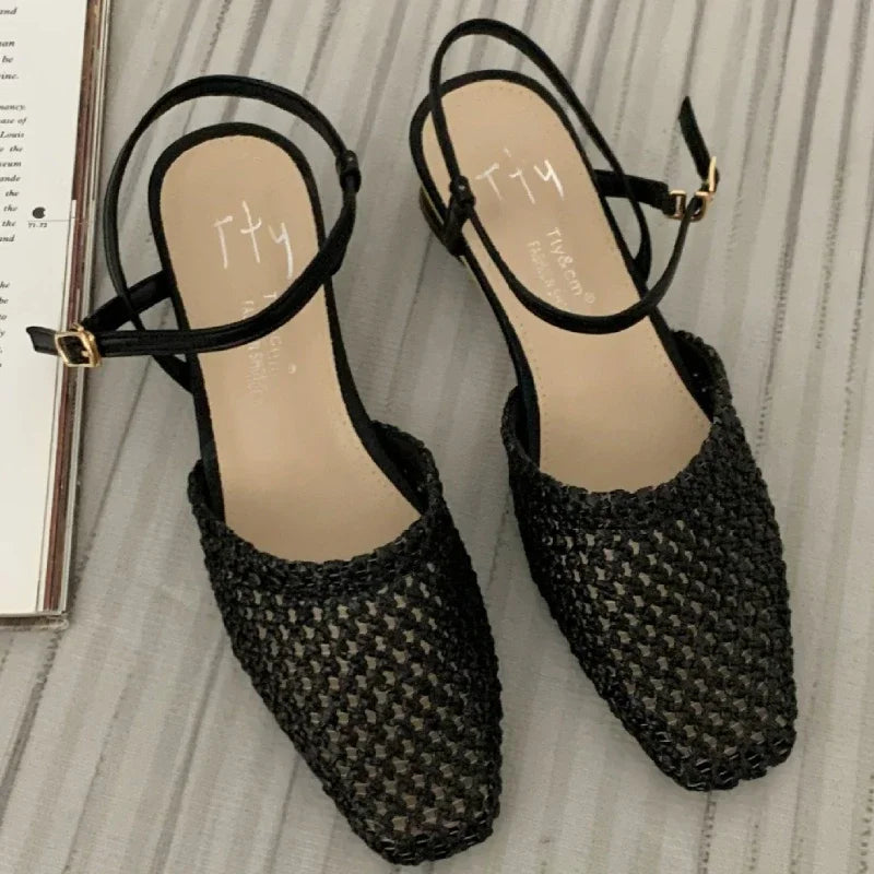 Retro Mesh Hollow Low Heel Pumps