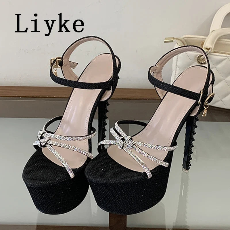 Summer Rhinestone Narrow Band Women Sexy 17CM Rivet Stiletto Sandals
