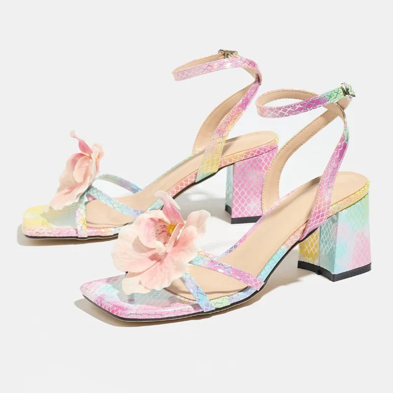 Sweet Pink Flower Decoration High Heel Sandals