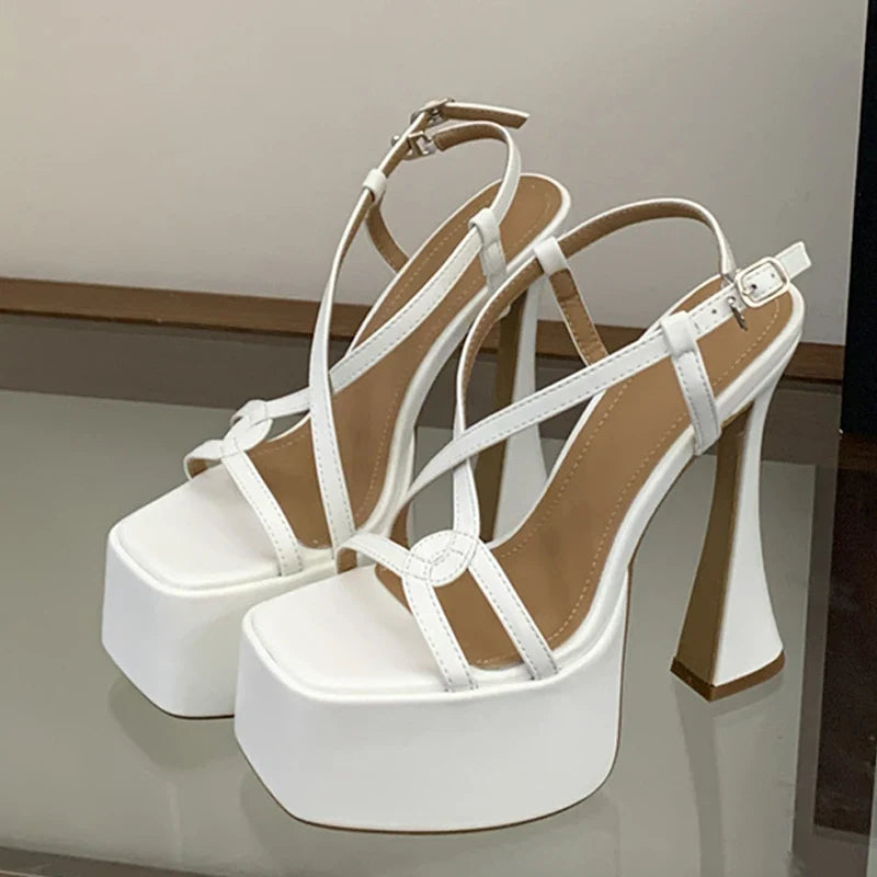 Black White Narrow Band Back Buckle Strap Women Platform Sandals