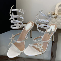 Rhinestone Pentagram Shape Ankle Strap Sandals