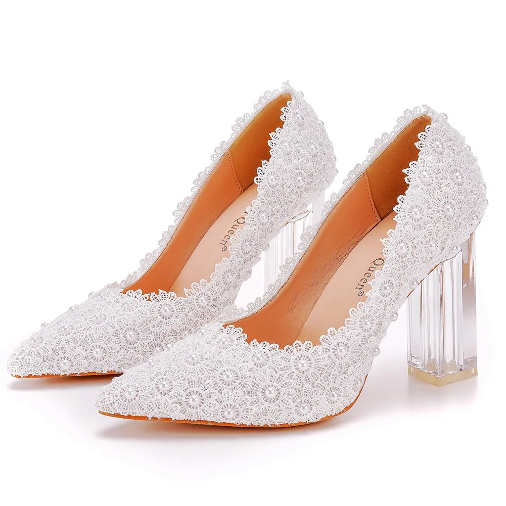 Spring pointed pearl lace flower transparent thick heel