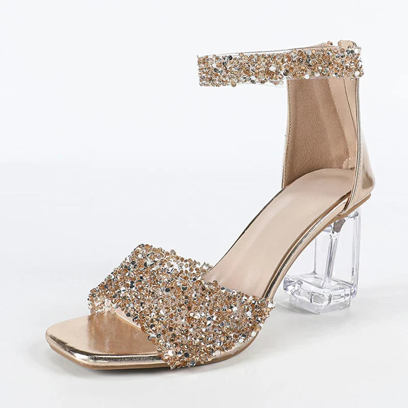 Gold Sequined PVC Ankle Zip Cover Strap Sandal
