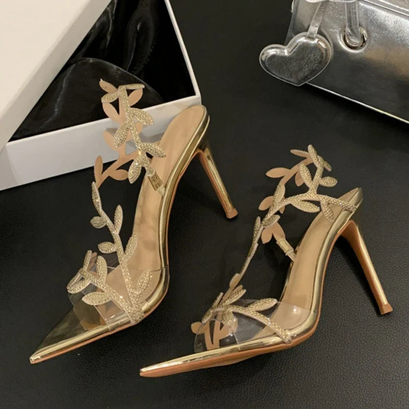 Summer Crystal Rhinestone Gold Leaf Women Sandals