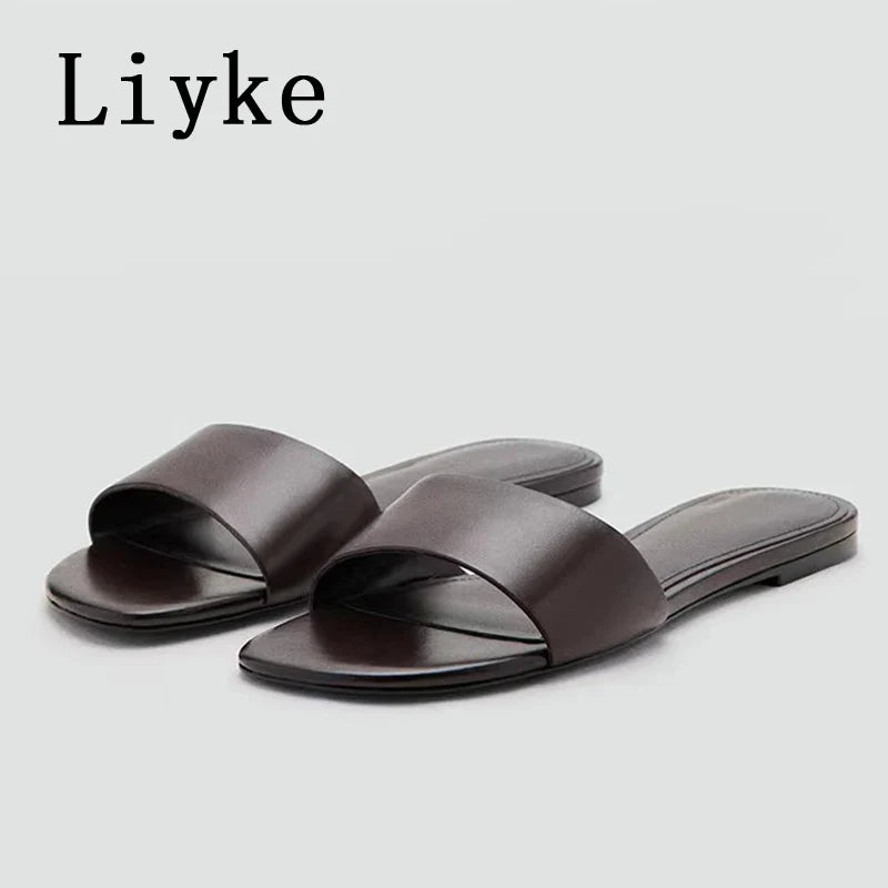 Designer Slides Female Concise Comfortable Leather Square Toe Flat Slippers