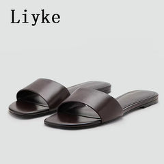 Designer Slides Female Concise Comfortable Leather Square Toe Flat Slippers
