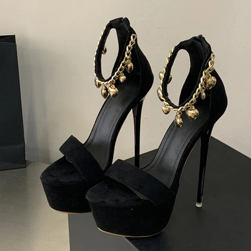 Design Bell Chain Ankle Zip Cover Strap Women Sexy 16CM Sandal Platform High Heels Party Club Stripper Shoes Black