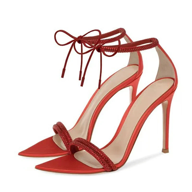 Sexy Rhinestone Ankle Strap Lace Up Women 8CM Stiletto Sandals