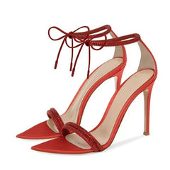 Sexy Rhinestone Ankle Strap Lace Up Women 8CM Stiletto Sandals