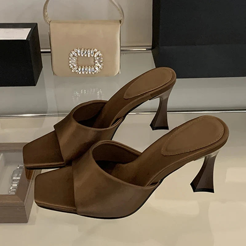 High Quality Cozy Silk Wide Square Toe Women Slippers Sandals