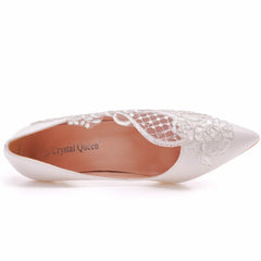 pointed toe shallow lace mesh low-heeled wedding shoes