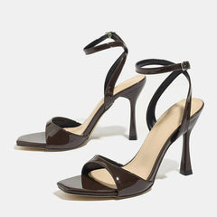 Coffee Brown Patent Leather Ankle Strap High Heeled Sandals